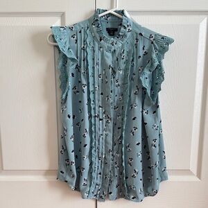 Ann Taylor Floral Lace Trim Sleeveless Blouse - Light Blue Petite Medium